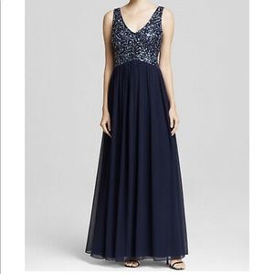 Aidan MATTOX navy sequined bodice maxi dress